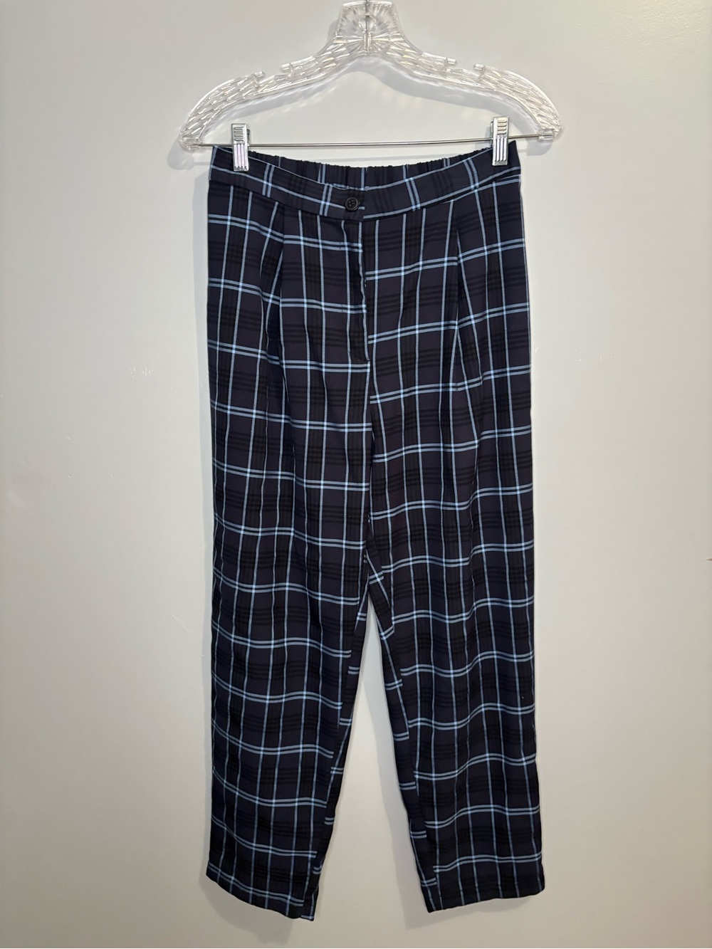 H&M Divided Trousers Plaid Pants Women's Size 4 Navy Blue Classic Straight Leg
